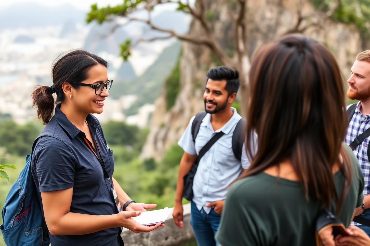 Guia de turismo apresentando a paisagem do Rio de Janeiro para um pequeno grupo